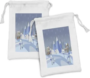 Ambesonne Landscape Fabric Pouch Set of 2, Wintry Outdoor Scene of Suburban Buildings and Houses in a Mountainous Setting, Small Drawstring Bag for Toiletries Masks and Favors, 9" x 6", Multicolor