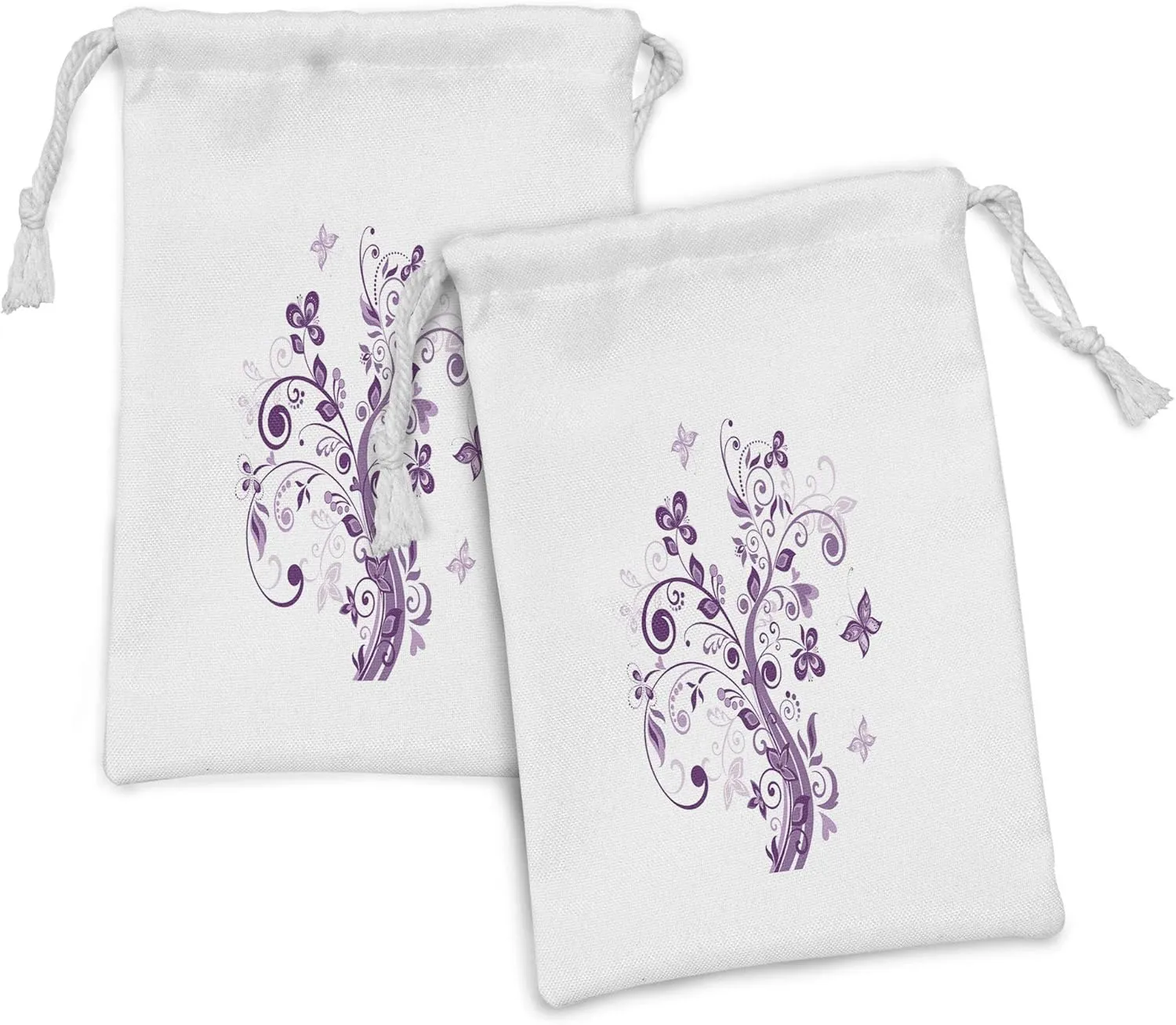 Ambesonne Mauve Fabric Pouch Set of 2, Tree with Swirled Branches and Flowers Leaf Butterfly Bridal Inspirations Theme, Small Drawstring Bag for Toiletries Masks and Favors, 9" x 6", Purple White