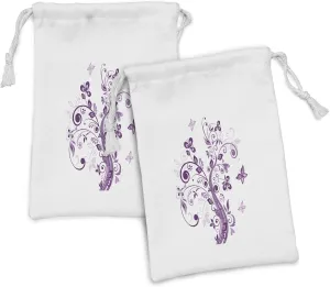Ambesonne Mauve Fabric Pouch Set of 2, Tree with Swirled Branches and Flowers Leaf Butterfly Bridal Inspirations Theme, Small Drawstring Bag for Toiletries Masks and Favors, 9" x 6", Purple White