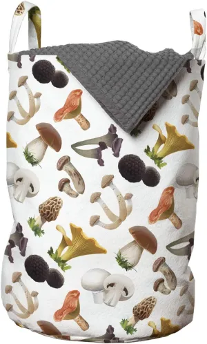 Ambesonne Mushroom Laundry Bag, Realistic Style Various Kinds of Fresh Toadstools Truffles Natural Lifestyle Cook, Hamper Basket with Handles Drawstring Closure for Laundromats, 13" x 19", Multicolor