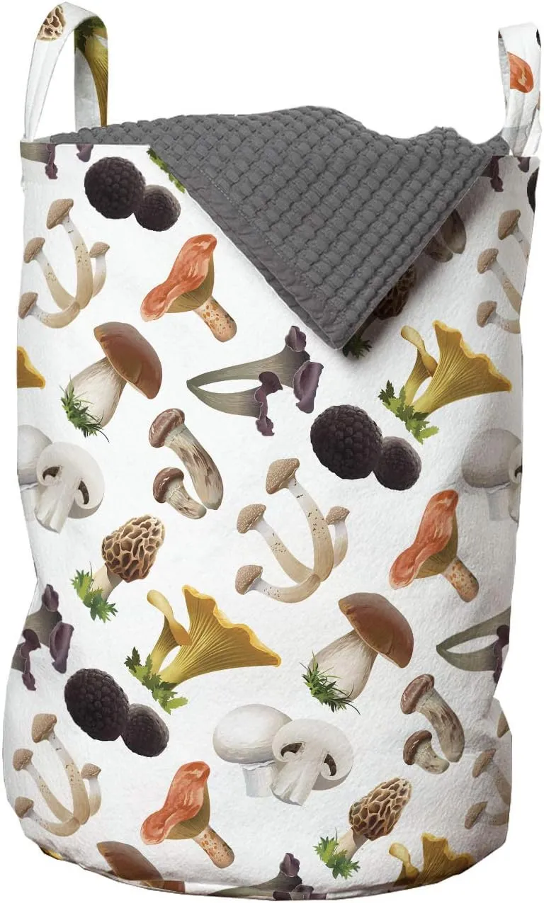 Ambesonne Mushroom Laundry Bag, Realistic Style Various Kinds of Fresh Toadstools Truffles Natural Lifestyle Cook, Hamper Basket with Handles Drawstring Closure for Laundromats, 13" x 19", Multicolor