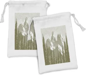 Ambesonne Nature Fabric Pouch Set of 2, Woodcut Style Landscape Image with Trees and Mountain at the Background, Small Drawstring Bag for Toiletries Masks and Favors, 9" x 6", Army Green and White