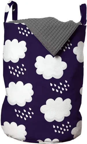 Ambesonne Rain Laundry Bag, Cumulus Style Puffy Clouds Participating White Droplets Repeating Pattern, Hamper Basket with Handles Drawstring Closure for Laundromats, 13" x 19", Dark Purple and White