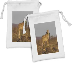 Ambesonne Savannah Fabric Pouch Set of 2, Wild Animal Cheetah Standing on Termite Mound Savannah Nature View, Small Drawstring Bag for Toiletries Masks and Favors, 9" x 6", Ginger Apricot Dust