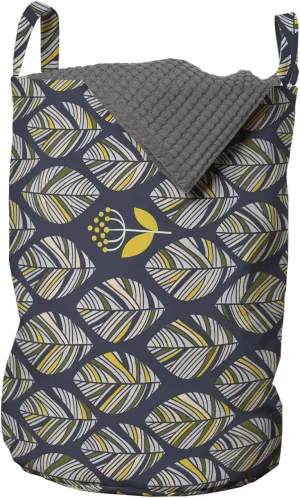 Ambesonne Scandinavian Laundry Bag, Ornamental Arrangement of Leaves with Flowers Hand Drawn Nature, Hamper Basket with Handles Drawstring Closure for Laundromats, 13" x 19", Night Blue and Yellow