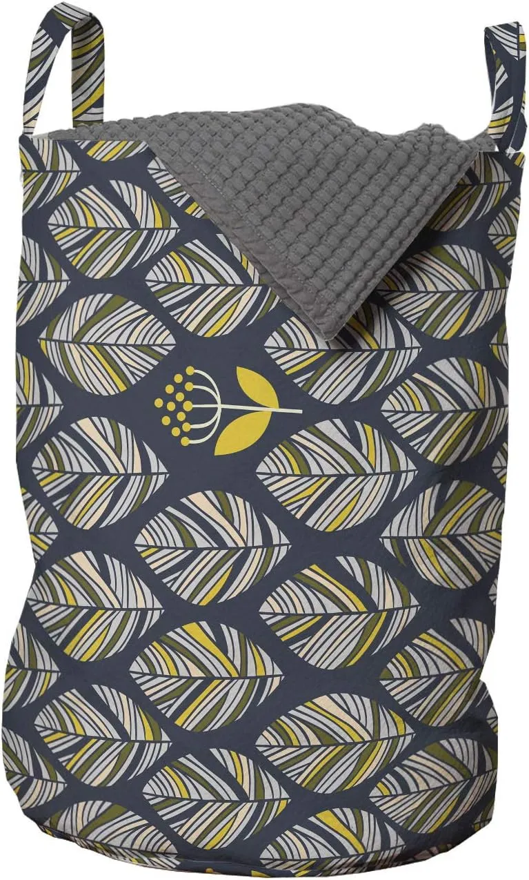 Ambesonne Scandinavian Laundry Bag, Ornamental Arrangement of Leaves with Flowers Hand Drawn Nature, Hamper Basket with Handles Drawstring Closure for Laundromats, 13" x 19", Night Blue and Yellow
