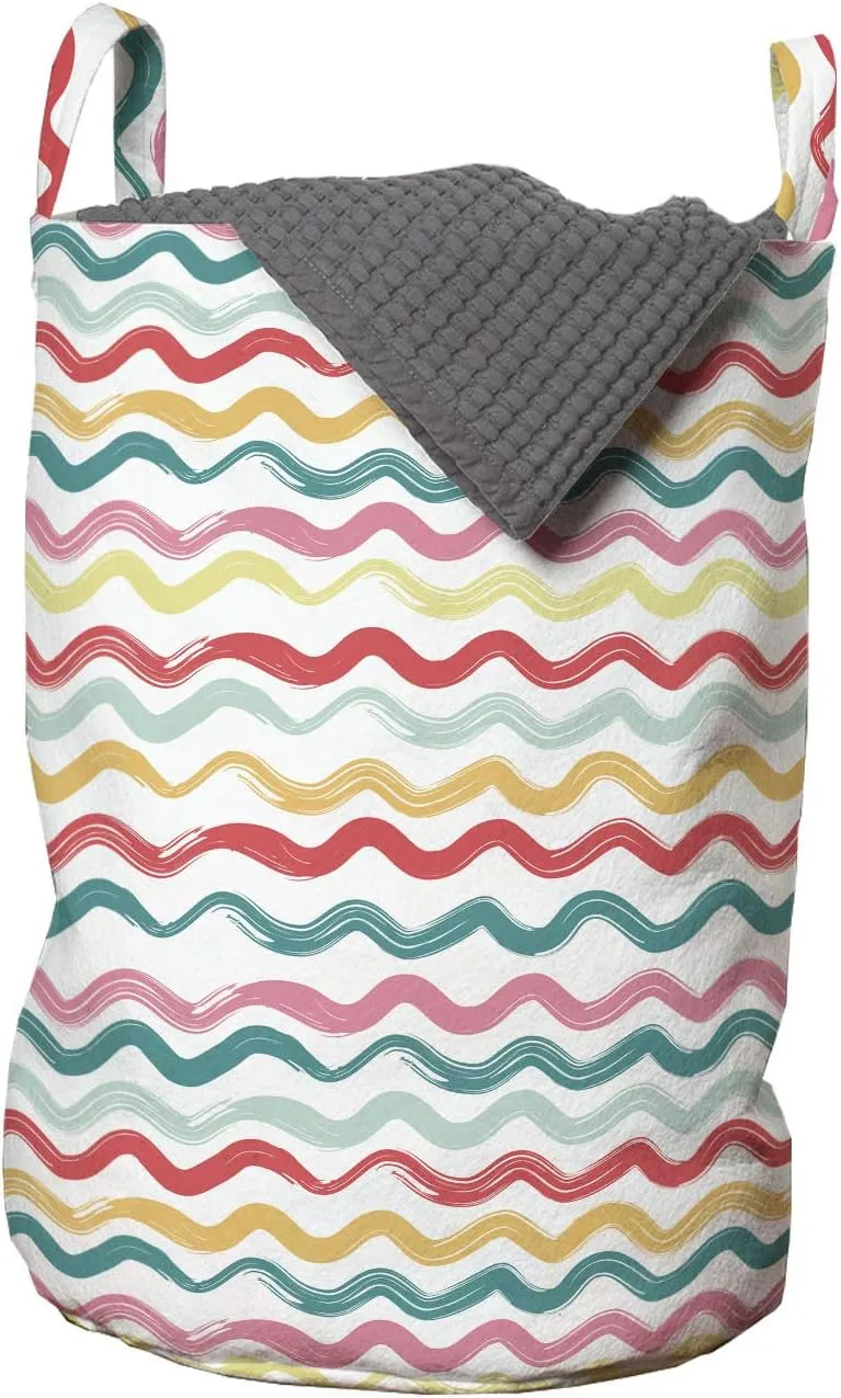 Ambesonne Striped Laundry Bag, Pop Art Parallel Wavy Rough Lines Flush Brush Strokes Shaggy Groovy Boho Design, Hamper Basket with Handles Drawstring Closure for Laundromats, 13" x 19", Multicolor