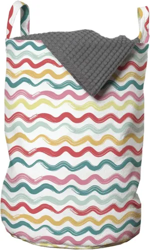 Ambesonne Striped Laundry Bag, Pop Art Parallel Wavy Rough Lines Flush Brush Strokes Shaggy Groovy Boho Design, Hamper Basket with Handles Drawstring Closure for Laundromats, 13" x 19", Multicolor