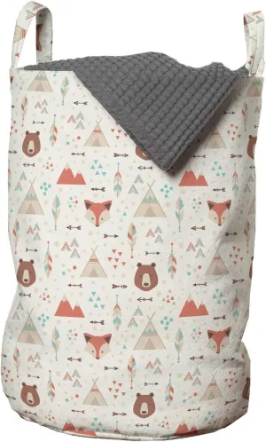 Ambesonne Tribal Laundry Bag, Prehistoric Fox Arrows Bear Lodge Houses Feather Graphic, Hamper Basket with Handles Drawstring Closure for Laundromats, 13" x 19", Salmon Amber White