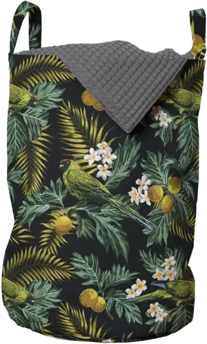 Ambesonne Tropical Laundry Bag, Hawaiian Pattern with Breadfruit Palm Leaf Plumeria Flower and Exotic Bird on Dark, Hamper Basket with Handles Drawstring Closure for Laundromats, 13" x 19", Multicolor