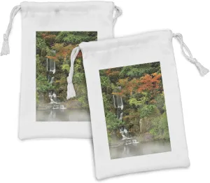 Ambesonne Waterfall Fabric Pouch Set of 2, Wild Small Cascade Pouring over Steep Stones Peaceful Fall Autumn Motion Scene, Small Drawstring Bag for Toiletries Masks and Favors, 9" x 6", Orange Brown