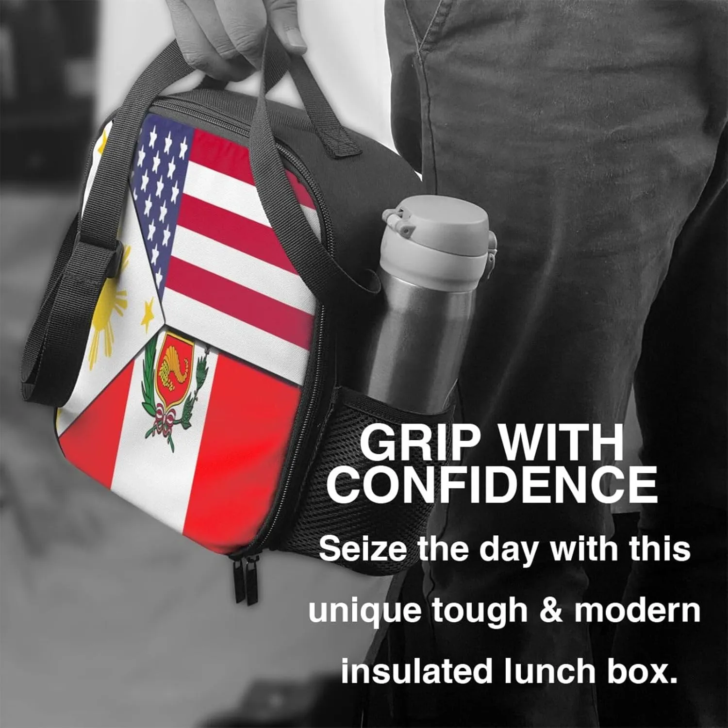 American Filipino Peru Peruvian Flag Lunch Bag Insulated Lunch Box Portable Crossbody Bags Cooler Tote Bag Adjustable Meal Organizer with Side Pocket for Picnic Work