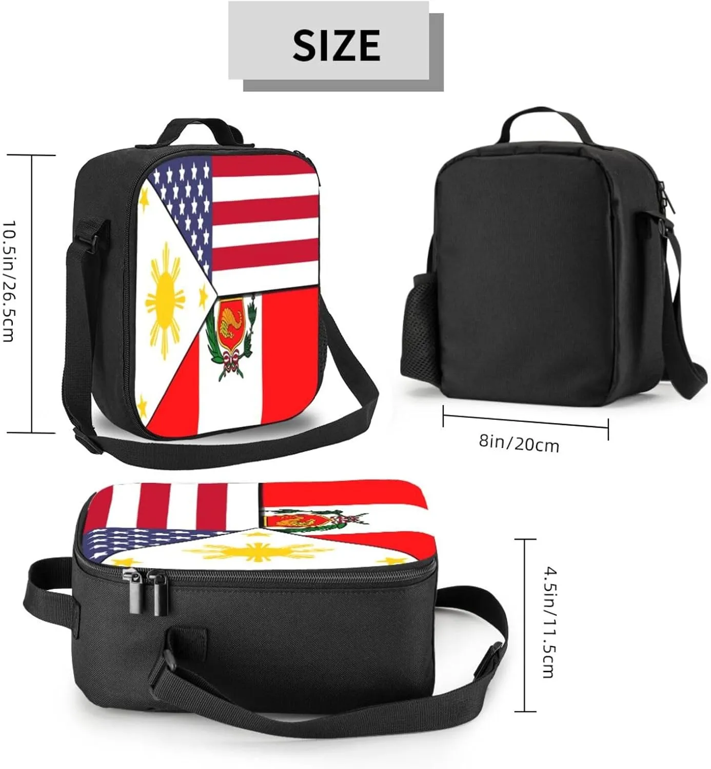 American Filipino Peru Peruvian Flag Lunch Bag Insulated Lunch Box Portable Crossbody Bags Cooler Tote Bag Adjustable Meal Organizer with Side Pocket for Picnic Work