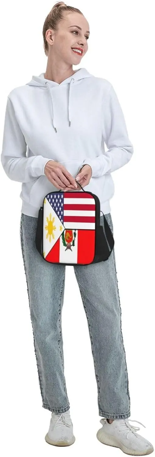 American Filipino Peru Peruvian Flag Lunch Bag Insulated Lunch Box Portable Crossbody Bags Cooler Tote Bag Adjustable Meal Organizer with Side Pocket for Picnic Work