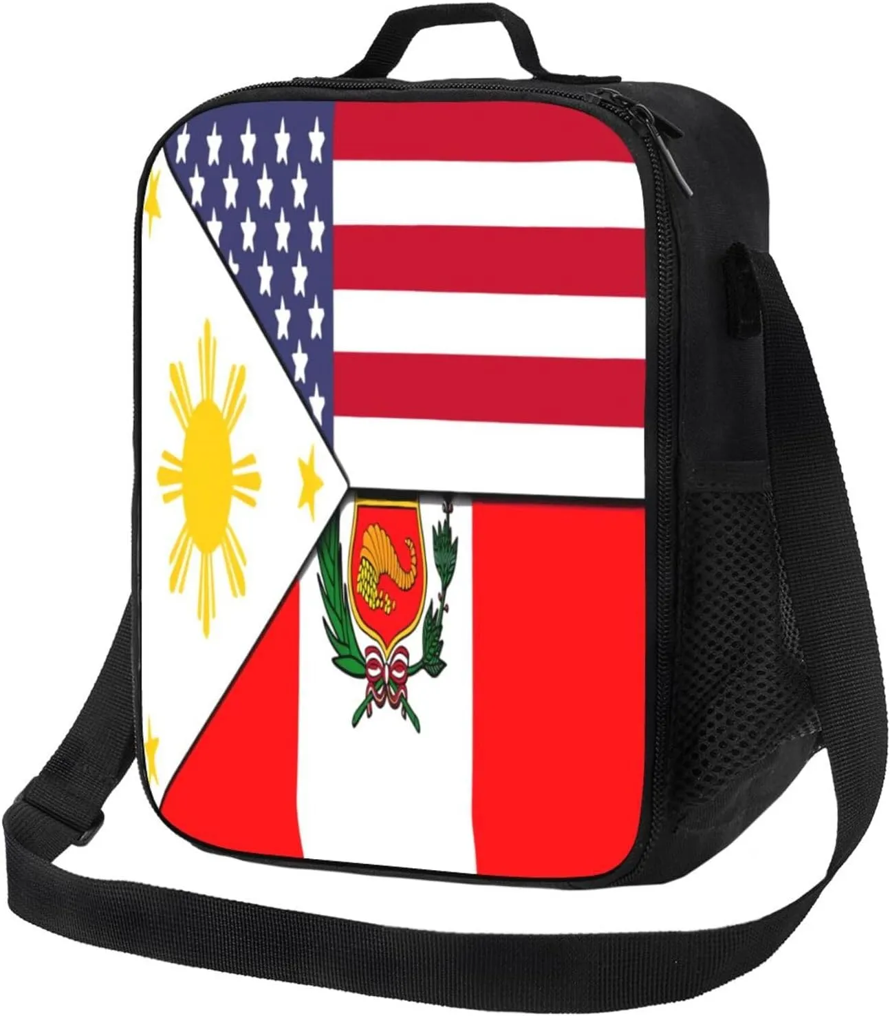 American Filipino Peru Peruvian Flag Lunch Bag Insulated Lunch Box Portable Crossbody Bags Cooler Tote Bag Adjustable Meal Organizer with Side Pocket for Picnic Work