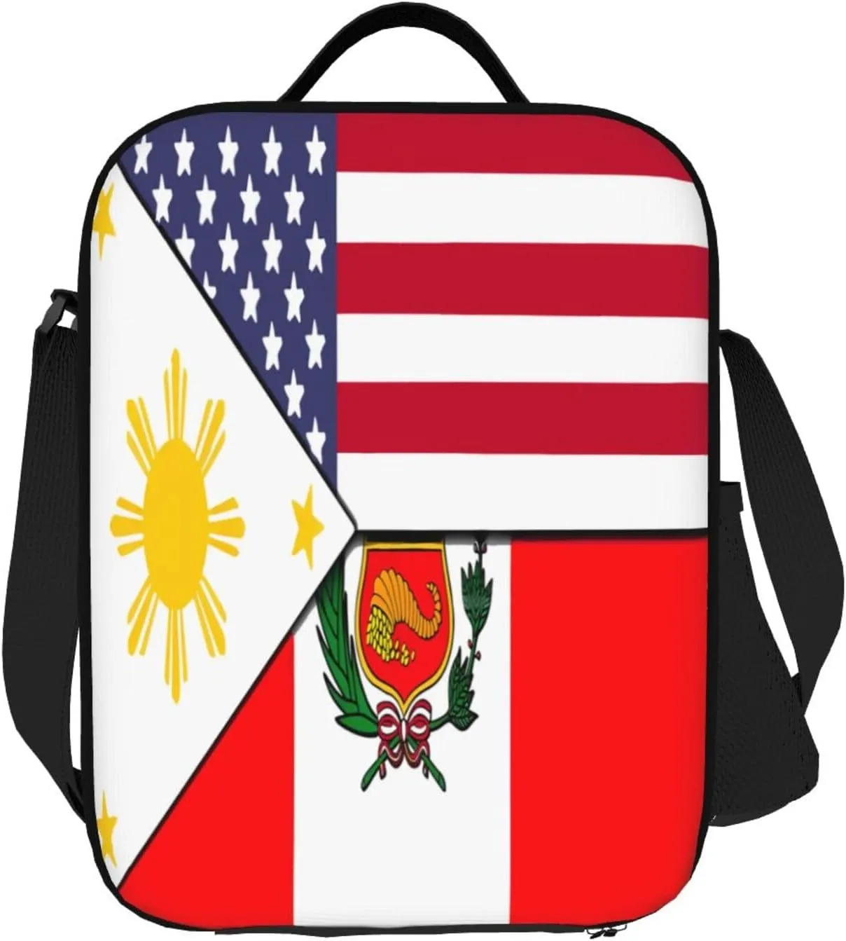American Filipino Peru Peruvian Flag Lunch Bag Insulated Lunch Box Portable Crossbody Bags Cooler Tote Bag Adjustable Meal Organizer with Side Pocket for Picnic Work