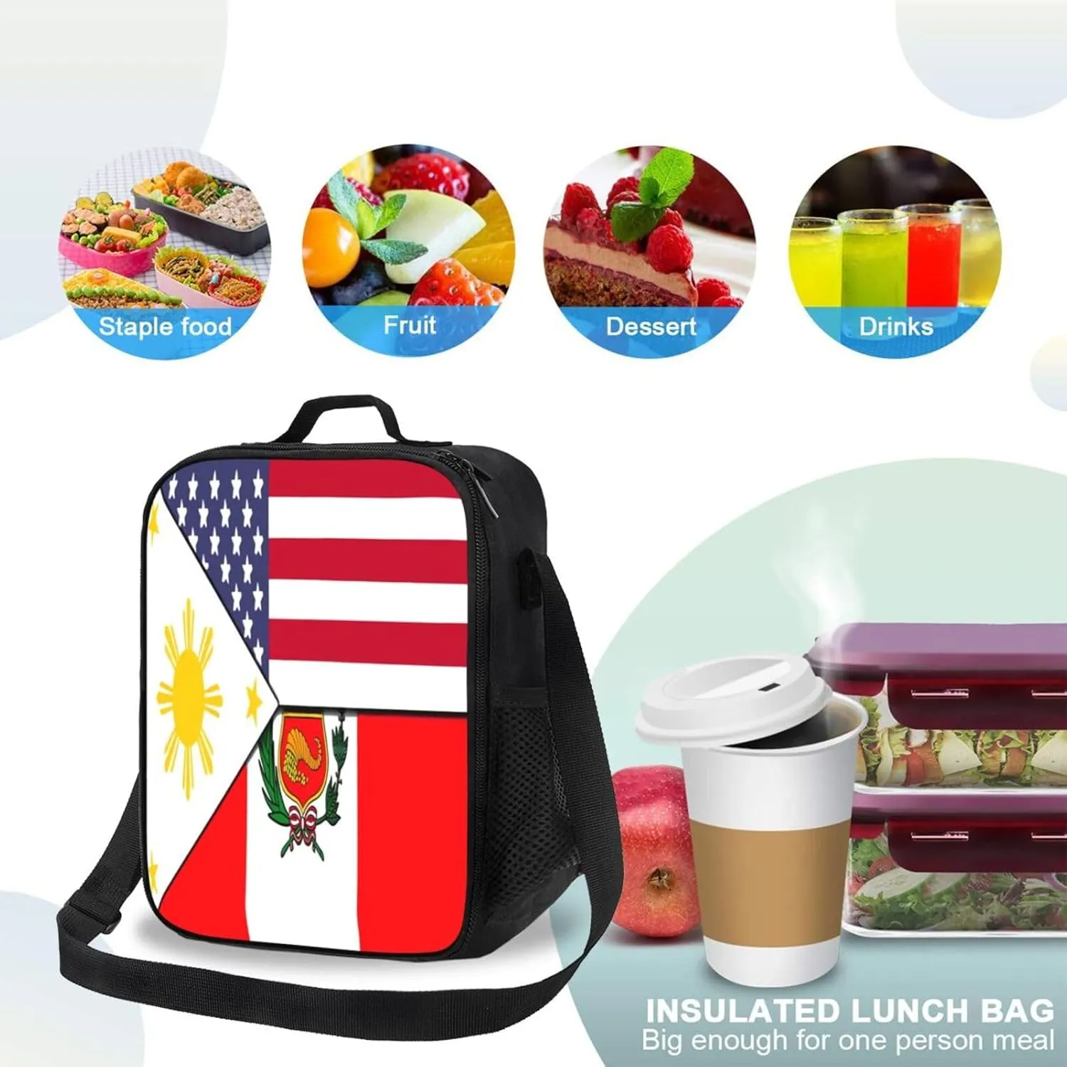 American Filipino Peru Peruvian Flag Lunch Bag Insulated Lunch Box Portable Crossbody Bags Cooler Tote Bag Adjustable Meal Organizer with Side Pocket for Picnic Work