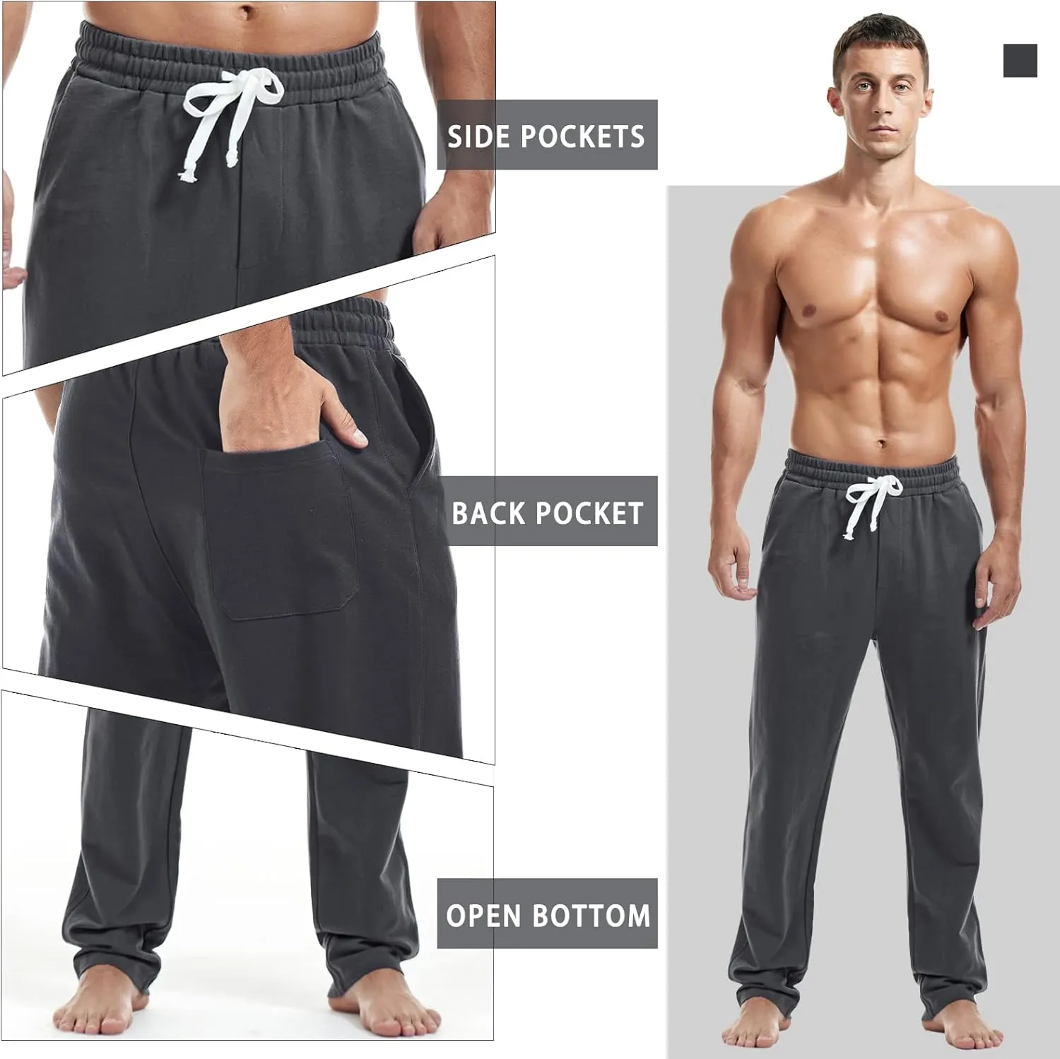 AMY COULEE Mens Cotton Athletic Pants Open Bottom Running Sweatpants Straight Leg Casual Joggers with Pockets