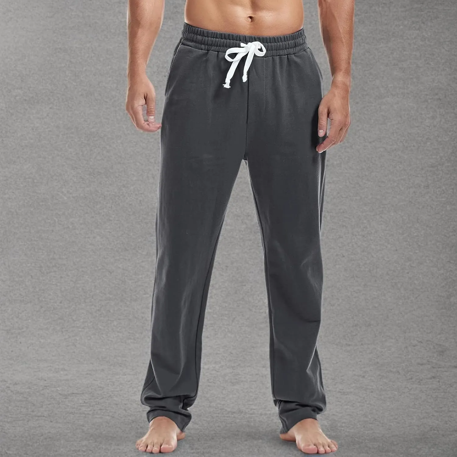 AMY COULEE Mens Cotton Athletic Pants Open Bottom Running Sweatpants Straight Leg Casual Joggers with Pockets