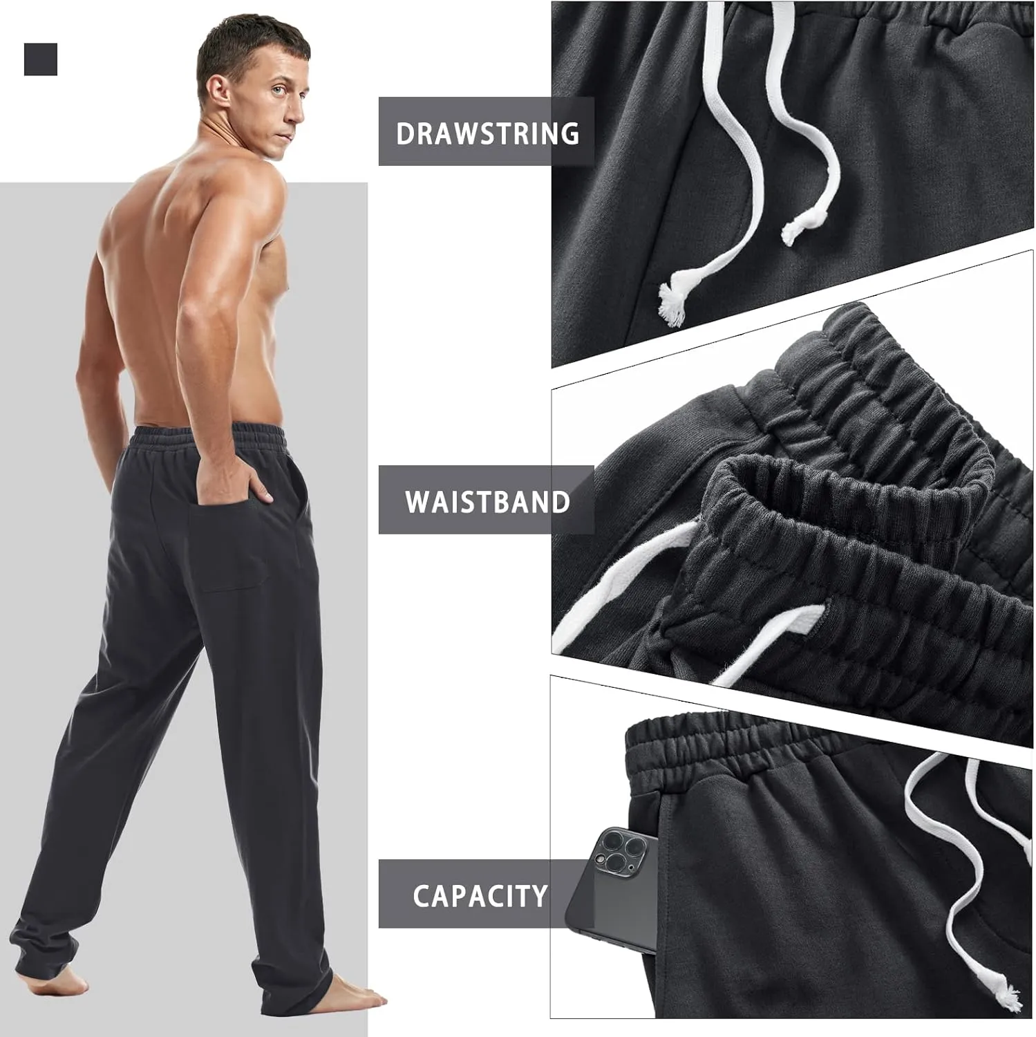 AMY COULEE Mens Cotton Athletic Pants Open Bottom Running Sweatpants Straight Leg Casual Joggers with Pockets