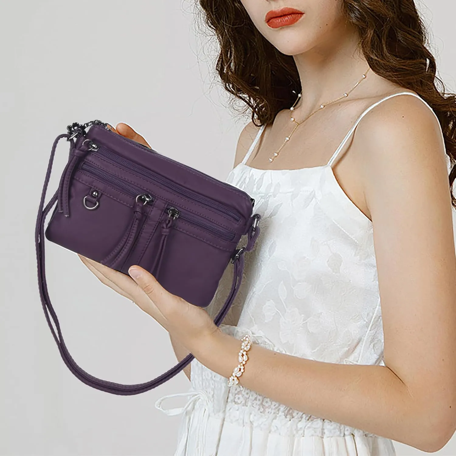 Angel Kiss Small Crossbody Bag for Women Leather Crossbody Purse Triple Compartments Cell Phone Purse Shoulder Bags for Women