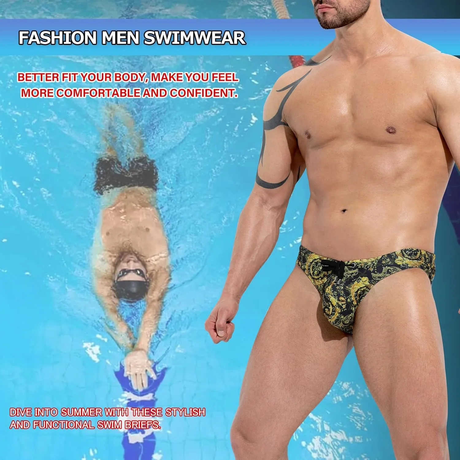 Arjen Kroos Men's Sexy Printed Swim Briefs Tagless Bikini Pattern Swimwear with Drawstrings