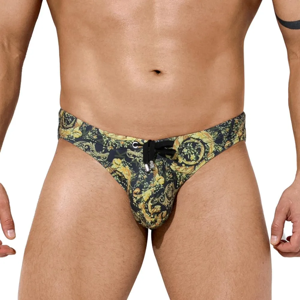 Arjen Kroos Men's Sexy Printed Swim Briefs Tagless Bikini Pattern Swimwear with Drawstrings