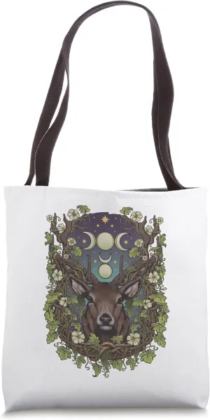 Art Nouveau Cernunnos Stag Bohemian Nature Moon Phases Wicca Tote Bag