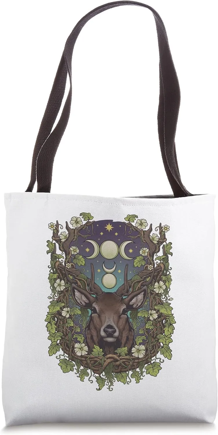 Art Nouveau Cernunnos Stag Bohemian Nature Moon Phases Wicca Tote Bag