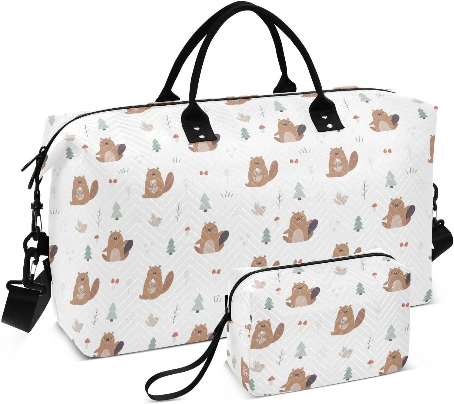 Aslsiy Travel Duffel Bags for Women Forest Funny Beavers Sports Duffel Bag Trees Mushrooms Leaves Weekender Bags Gym Bag with Toiletry Bag Carry on Overnight Bag