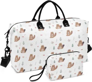 Aslsiy Travel Duffel Bags for Women Forest Funny Beavers Sports Duffel Bag Trees Mushrooms Leaves Weekender Bags Gym Bag with Toiletry Bag Carry on Overnight Bag