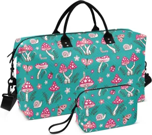 Aslsiy Travel Duffel Bags for Women Red Mushrooms Snails Sports Duffel Bag Bugs Green Weekender Bags Gym Bag with Toiletry Bag Carry on Overnight Bag