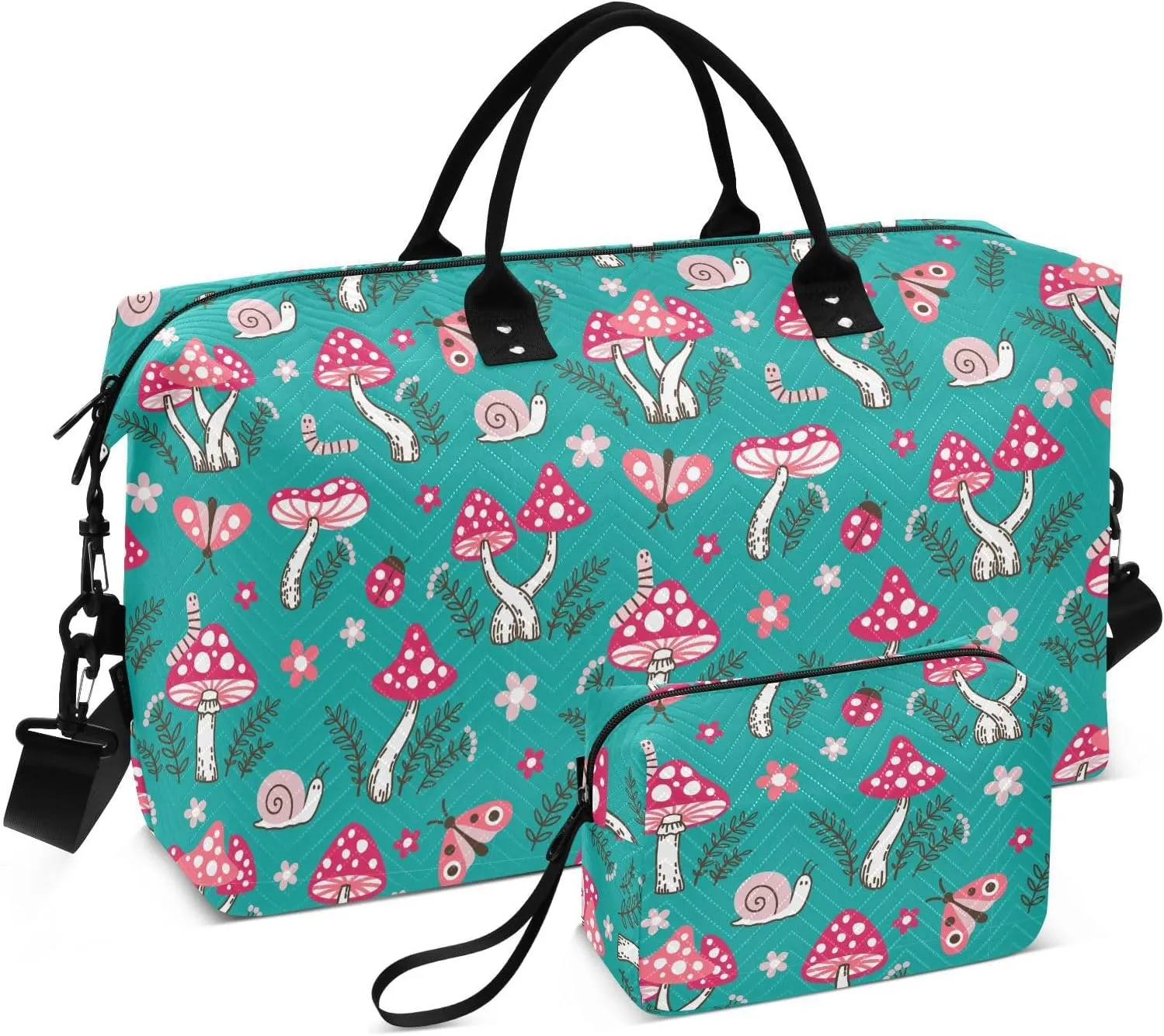 Aslsiy Travel Duffel Bags for Women Red Mushrooms Snails Sports Duffel Bag Bugs Green Weekender Bags Gym Bag with Toiletry Bag Carry on Overnight Bag