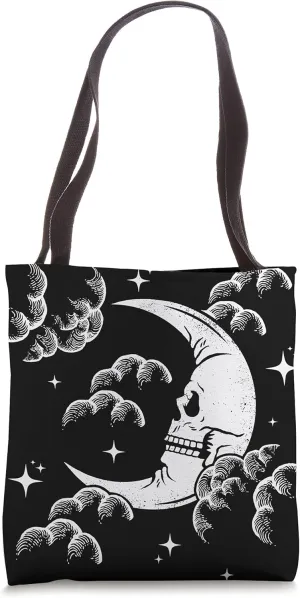 Astrology Crescent Skull Moon, Night Sky w/ Clouds and Stars Tote Bag