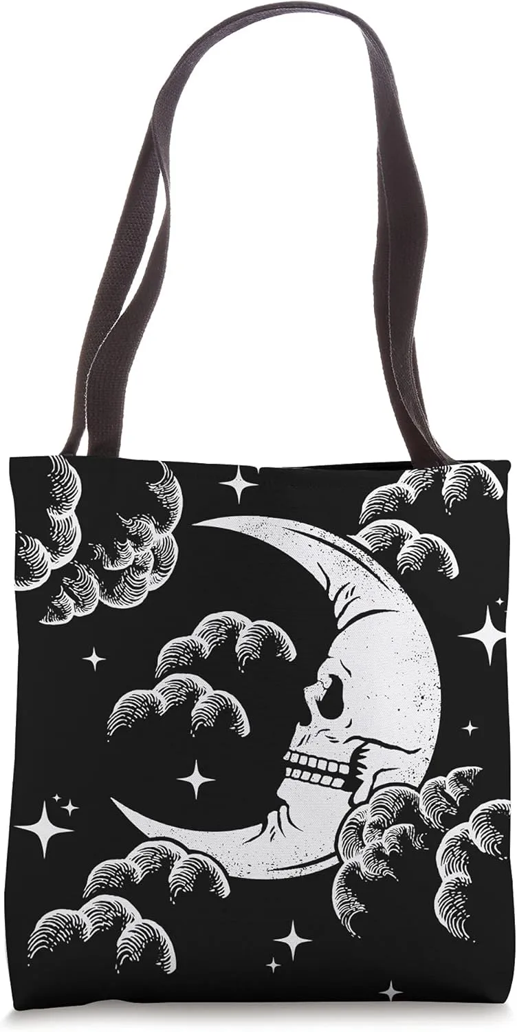 Astrology Crescent Skull Moon, Night Sky w/ Clouds and Stars Tote Bag