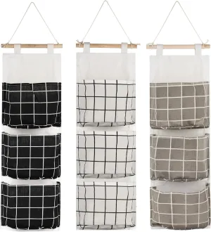AUHOKY 3Pcs Wall Closet Hanging Storage Bag, Premium Linen Fabric Over The Door Organizer, Hanging Storage Pouches with 3 Pockets for Bedroom Bathroom - Waterproof & Stylish (Black/Gray/White)