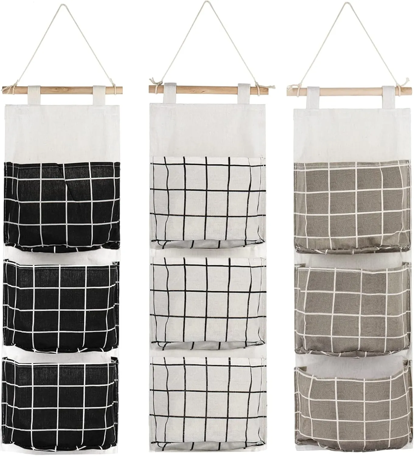 AUHOKY 3Pcs Wall Closet Hanging Storage Bag, Premium Linen Fabric Over The Door Organizer, Hanging Storage Pouches with 3 Pockets for Bedroom Bathroom - Waterproof & Stylish (Black/Gray/White)