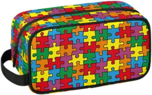 Autism Awareness Kids Toiletry Bag Colorful Puzzle Print Waterproof Hanging Cosmetic Pouch Dopp Kit Medicine Travel Organizer Bag for Girls & Boys