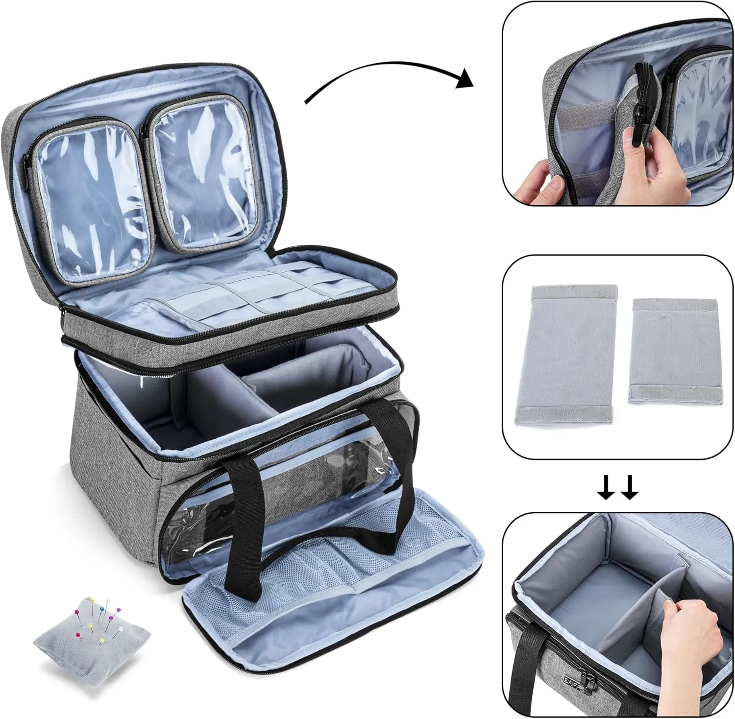 BAFASO Double Layer Sewing Accessories Organizer with 2 Detachable Pouches, Large Sewing Storage Bag for Sewing Tools (Bag ONLY), Gray