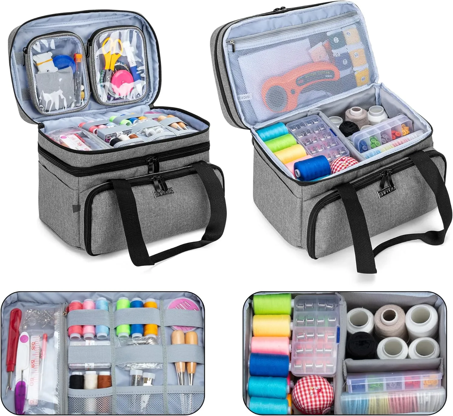 BAFASO Double Layer Sewing Accessories Organizer with 2 Detachable Pouches, Large Sewing Storage Bag for Sewing Tools (Bag ONLY), Gray