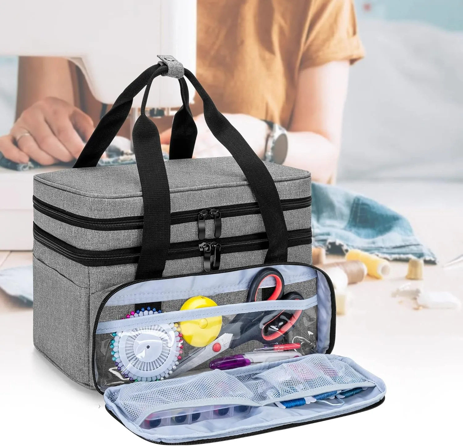 BAFASO Double Layer Sewing Accessories Organizer with 2 Detachable Pouches, Large Sewing Storage Bag for Sewing Tools (Bag ONLY), Gray