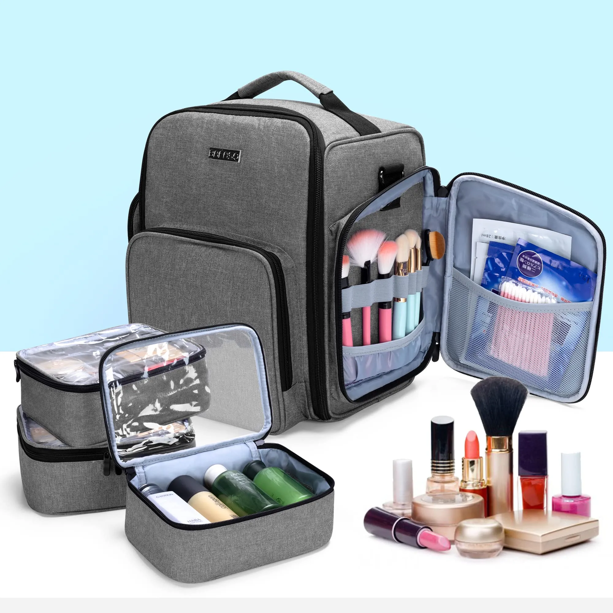 BAFASO Nail Polish Organizer Holds 72 Bottles (15ml - 0.5 fl.oz), Large Nail Polish Case with 3 Removable Pouches and Multiple Storage Sections (Patented Design), Gray