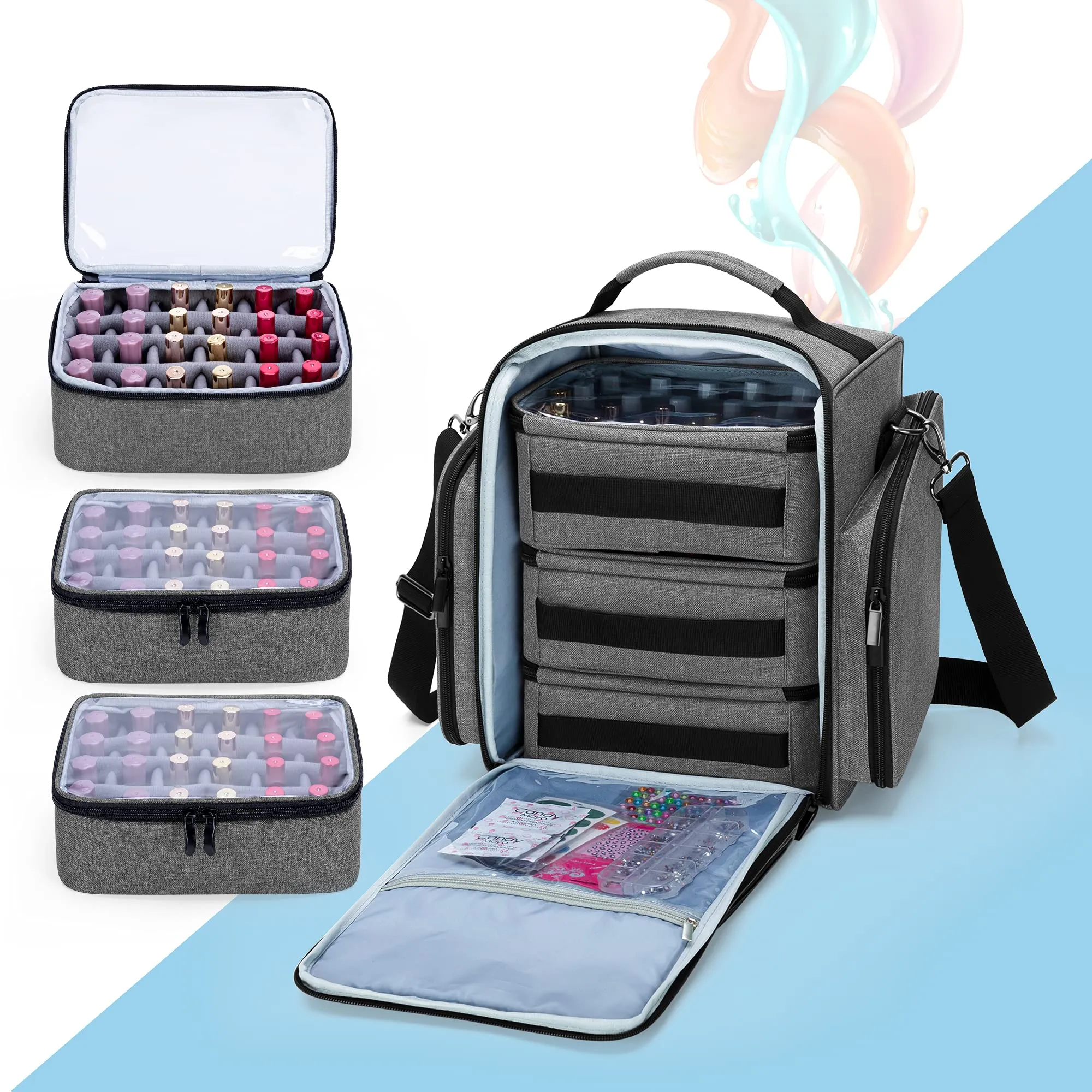 BAFASO Nail Polish Organizer Holds 72 Bottles (15ml - 0.5 fl.oz), Large Nail Polish Case with 3 Removable Pouches and Multiple Storage Sections (Patented Design), Gray