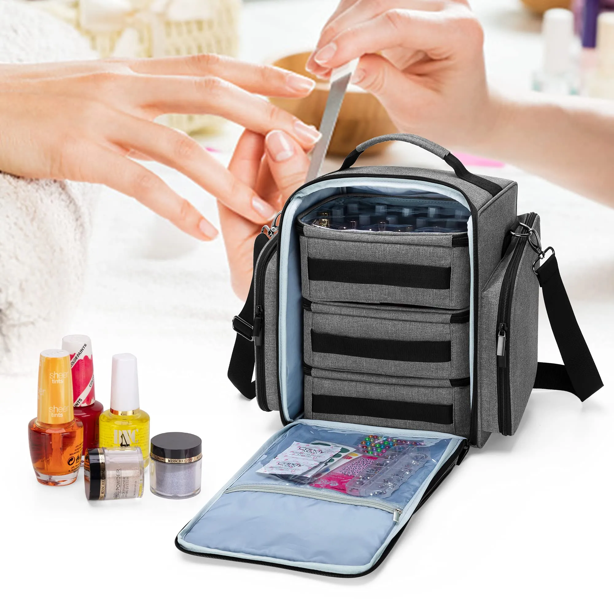BAFASO Nail Polish Organizer Holds 72 Bottles (15ml - 0.5 fl.oz), Large Nail Polish Case with 3 Removable Pouches and Multiple Storage Sections (Patented Design), Gray