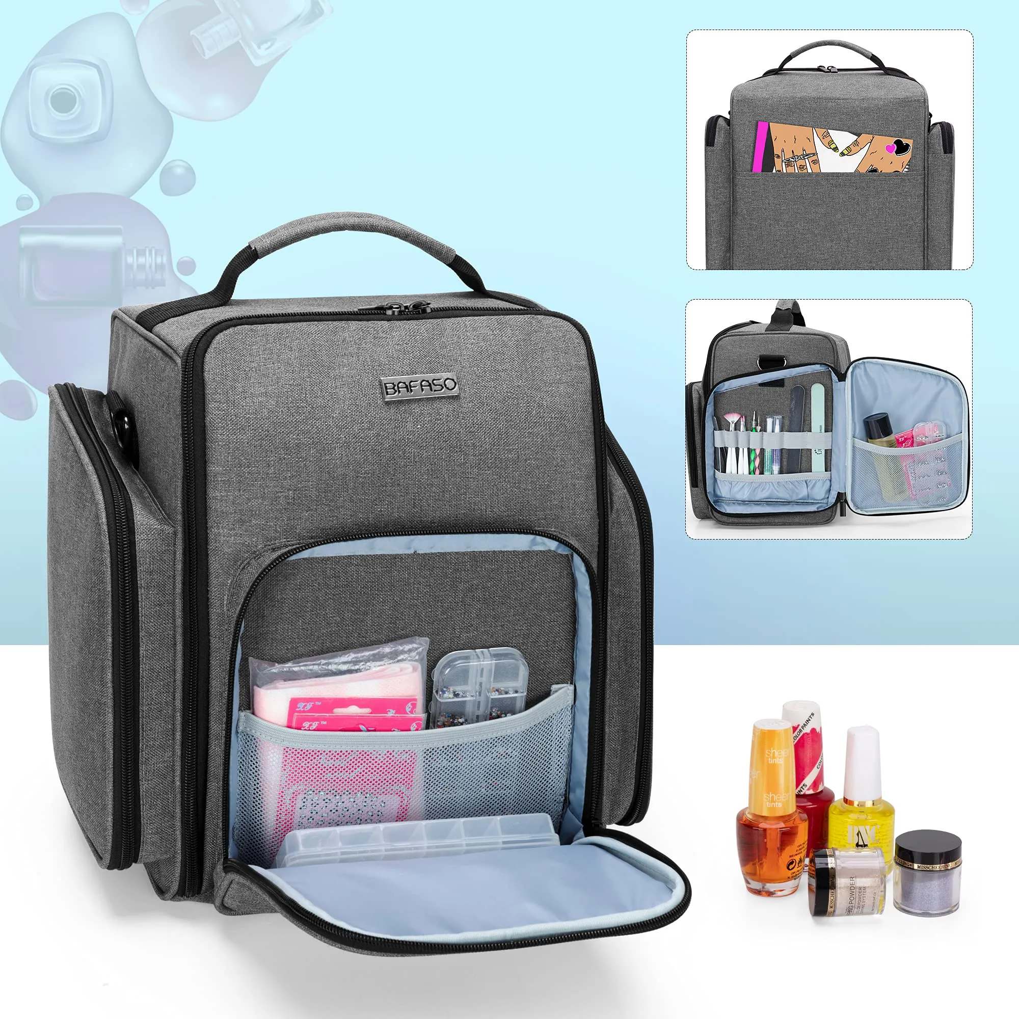 BAFASO Nail Polish Organizer Holds 72 Bottles (15ml - 0.5 fl.oz), Large Nail Polish Case with 3 Removable Pouches and Multiple Storage Sections (Patented Design), Gray