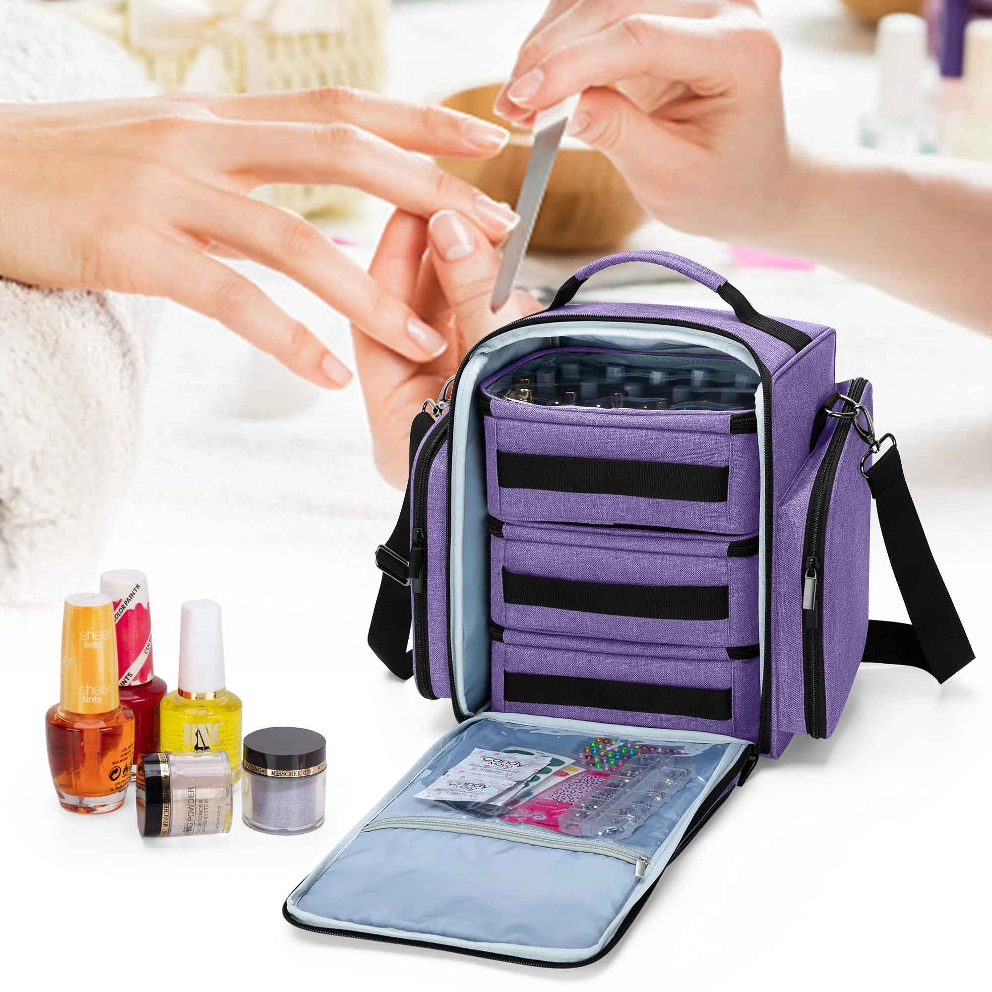 BAFASO Nail Polish Organizer Holds 72 Bottles (15ml - 0.5 fl.oz), Large Nail Polish Case with 3 Removable Pouches and Multiple Storage Sections (Patented Design), Purple