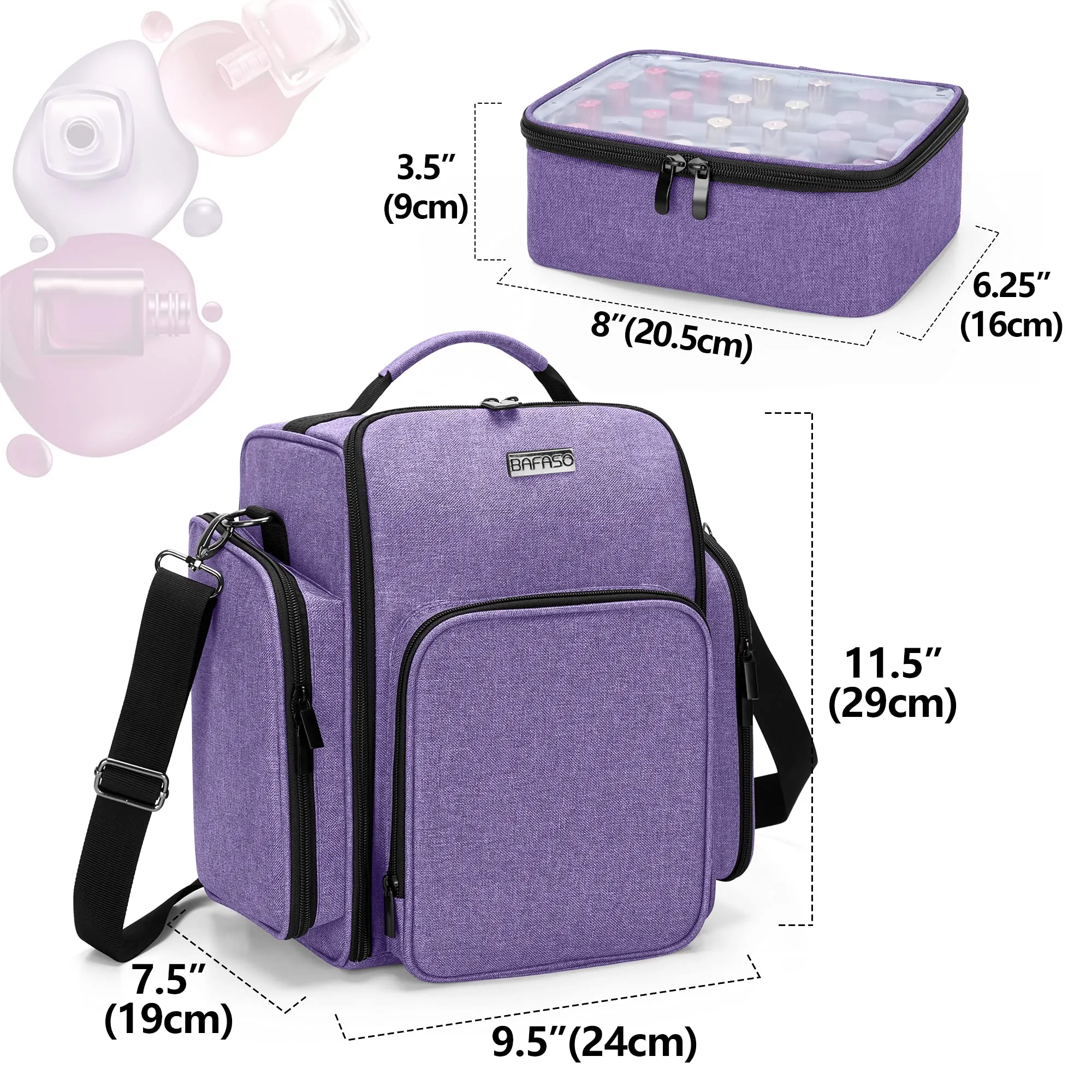 BAFASO Nail Polish Organizer Holds 72 Bottles (15ml - 0.5 fl.oz), Large Nail Polish Case with 3 Removable Pouches and Multiple Storage Sections (Patented Design), Purple