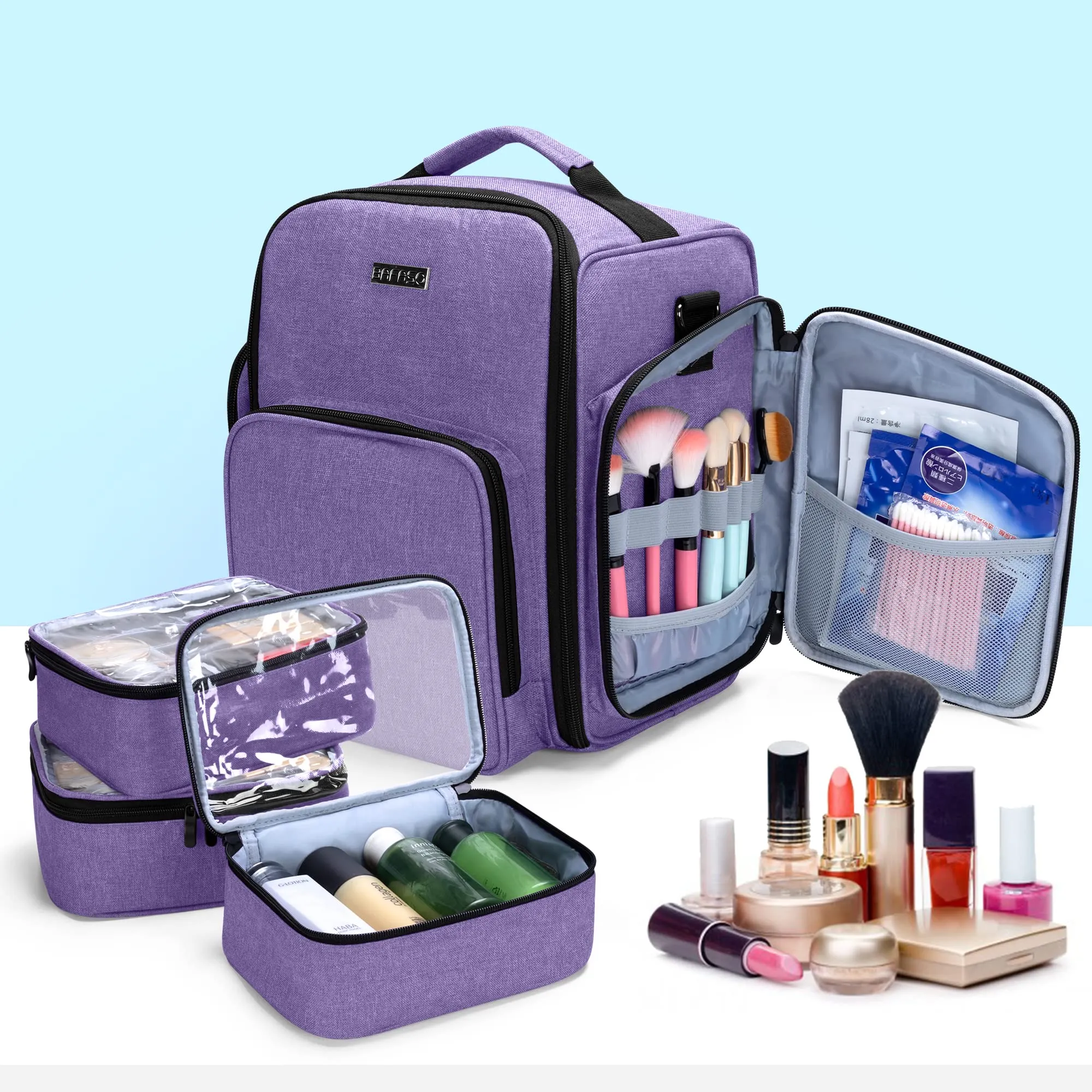 BAFASO Nail Polish Organizer Holds 72 Bottles (15ml - 0.5 fl.oz), Large Nail Polish Case with 3 Removable Pouches and Multiple Storage Sections (Patented Design), Purple