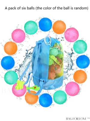 BagForLove - 6-pc Assorted Color Water Splash Balls, Reusable Silicone Water Bombs with Mesh Bag - Ideal for Outdoor Activities, Summer Fun, and Party Supplies