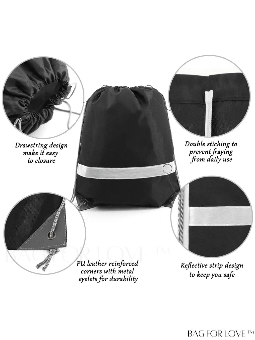 BagForLove - BeeGreen Large Drawstring Backpack, 20-Pack, Reflective Strip, Ideal for Gym, Sports, and Travel